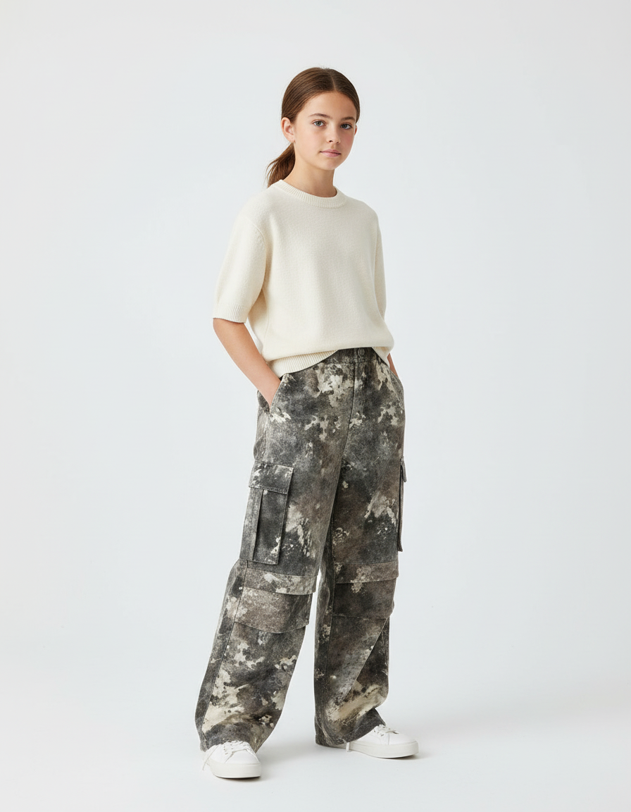 Pantalon Cargo Ample Camouflage Gris Poches Fille Coton - Toile