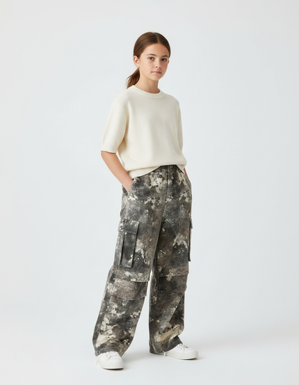 Pantalon Cargo Ample Camouflage Gris Poches Fille Coton - Toile