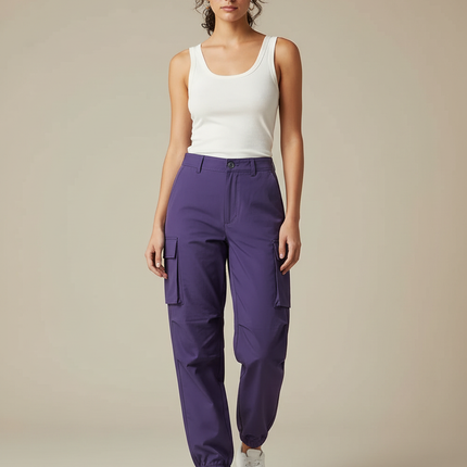 Pantalon Cargo Violet Ample Multipoches Femme - Polyester