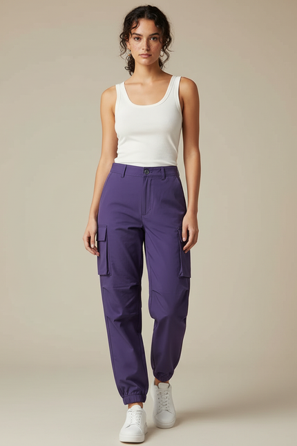 Pantalon Cargo Violet Ample Multipoches Femme - Polyester