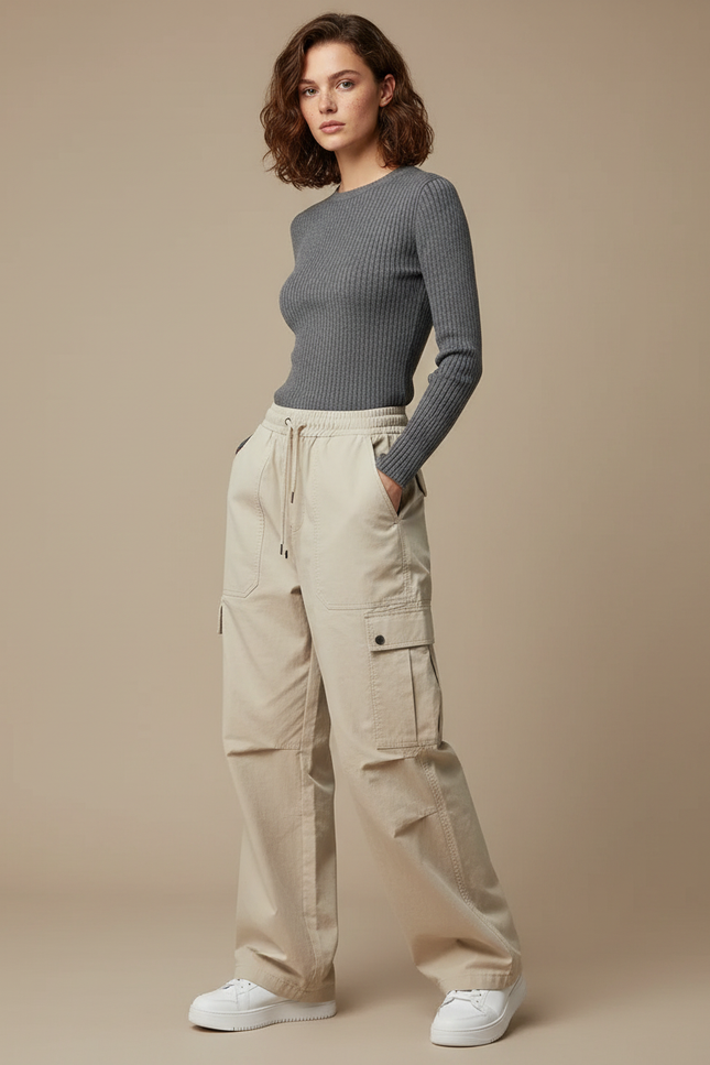 Pantalon Cargo Beige Ample Décontracté Fluide - Gabardine