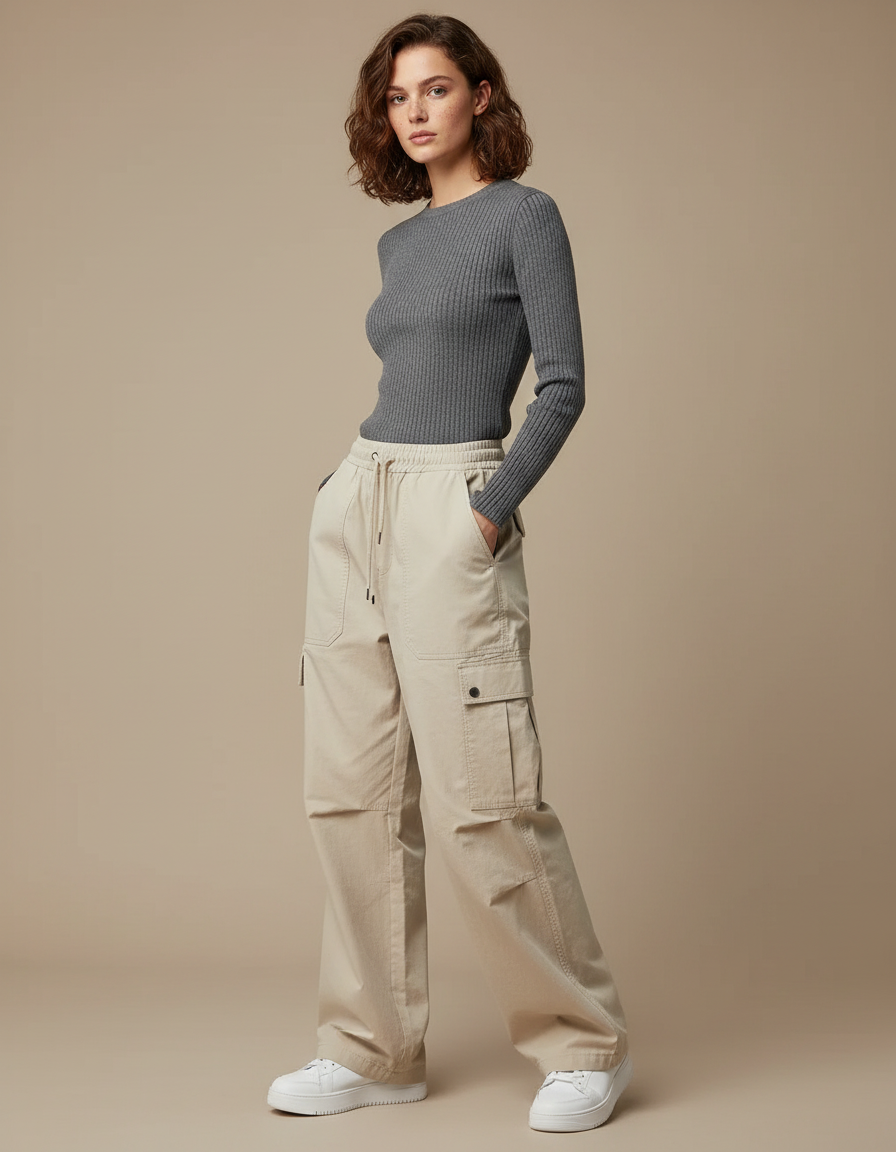 Pantalon Cargo Beige Ample Décontracté Fluide - Gabardine