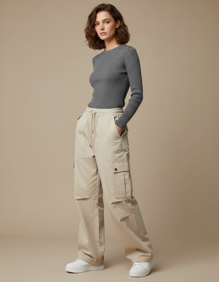 Pantalon Cargo Beige Ample Décontracté Fluide - Gabardine