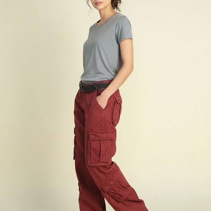 Pantalon Cargo Rouge Brique Ample Multipoches Décontracté - Bordeaux Coton