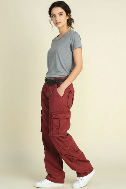Pantalon Cargo Rouge Brique Ample Multipoches Décontracté - Bordeaux Coton