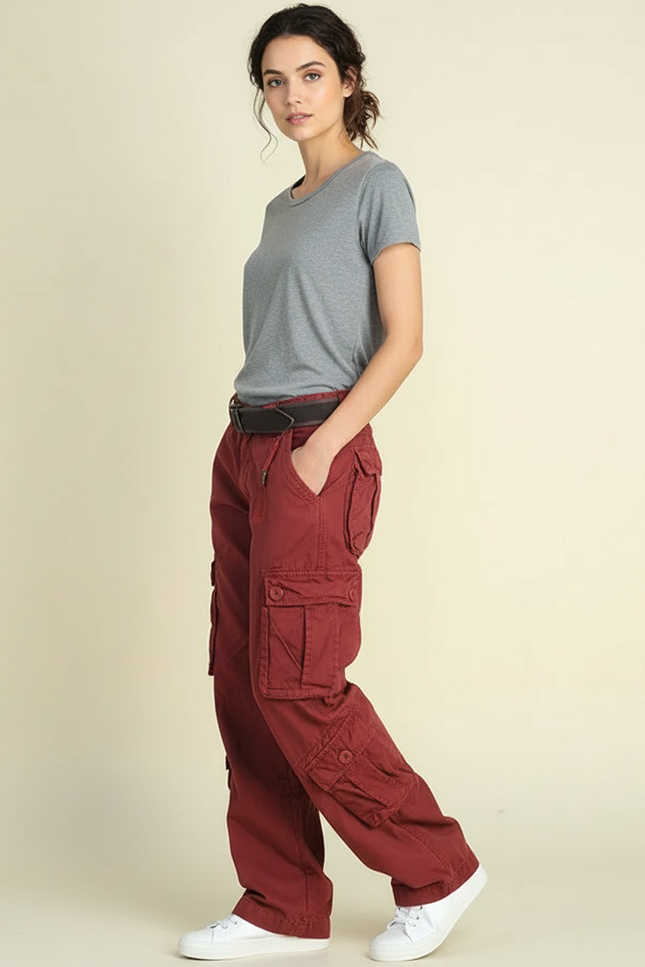 Pantalon Cargo Rouge Brique Ample Multipoches Décontracté - Bordeaux Coton