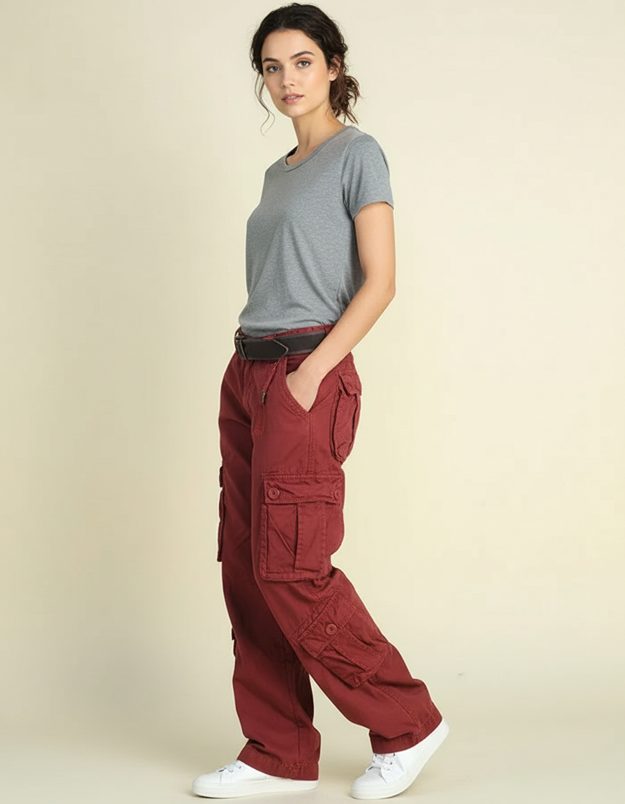 Pantalon Cargo Rouge Brique Ample Multipoches Décontracté - Bordeaux Coton