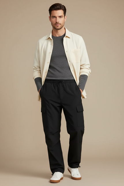 Pantalon Cargo Noir Ample Homme Décontracté - Polyester