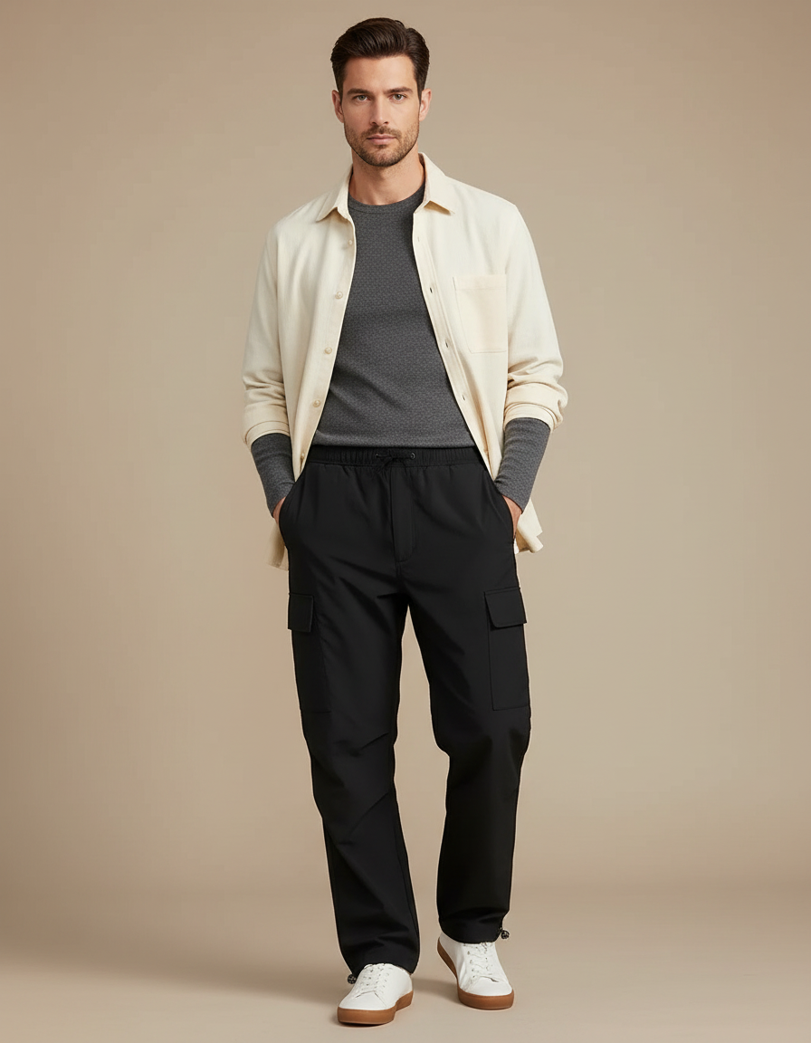 Pantalon Cargo Noir Ample Homme Décontracté - Polyester