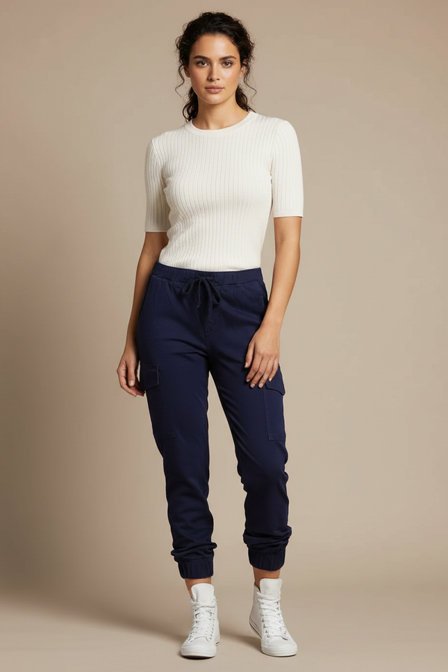 Pantalon Cargo Bleu Marine Cordon Cheville Élastique Décontracté - Coton
