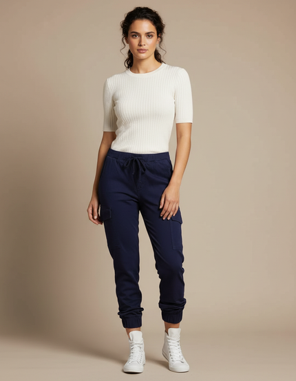 Pantalon Cargo Bleu Marine Cordon Cheville Élastique Décontracté - Coton
