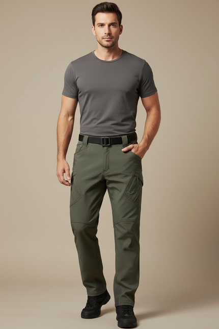 Pantalon Cargo Homme Vert Militaire Coupe Droite Multipoches - Kaki Polyester