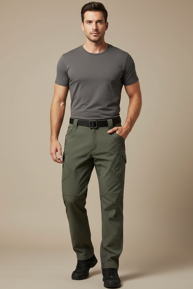 Pantalon Cargo Homme Vert Militaire Coupe Droite Multipoches - Kaki Polyester