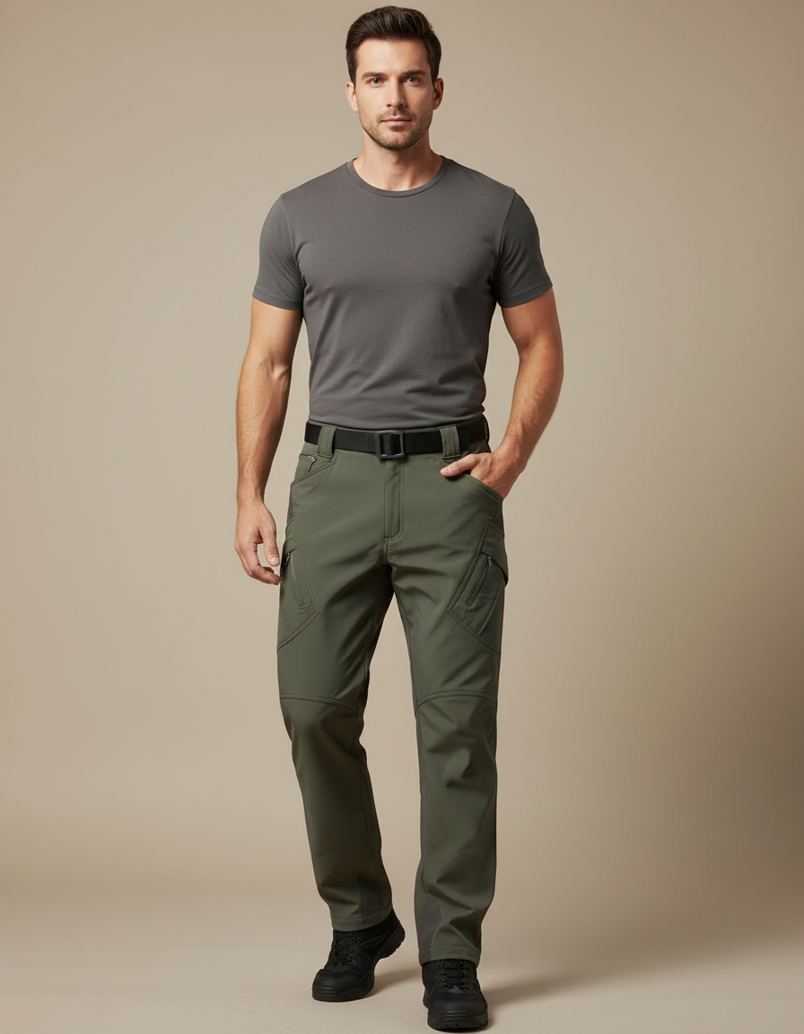 Pantalon Cargo Homme Vert Militaire Coupe Droite Multipoches - Kaki Polyester