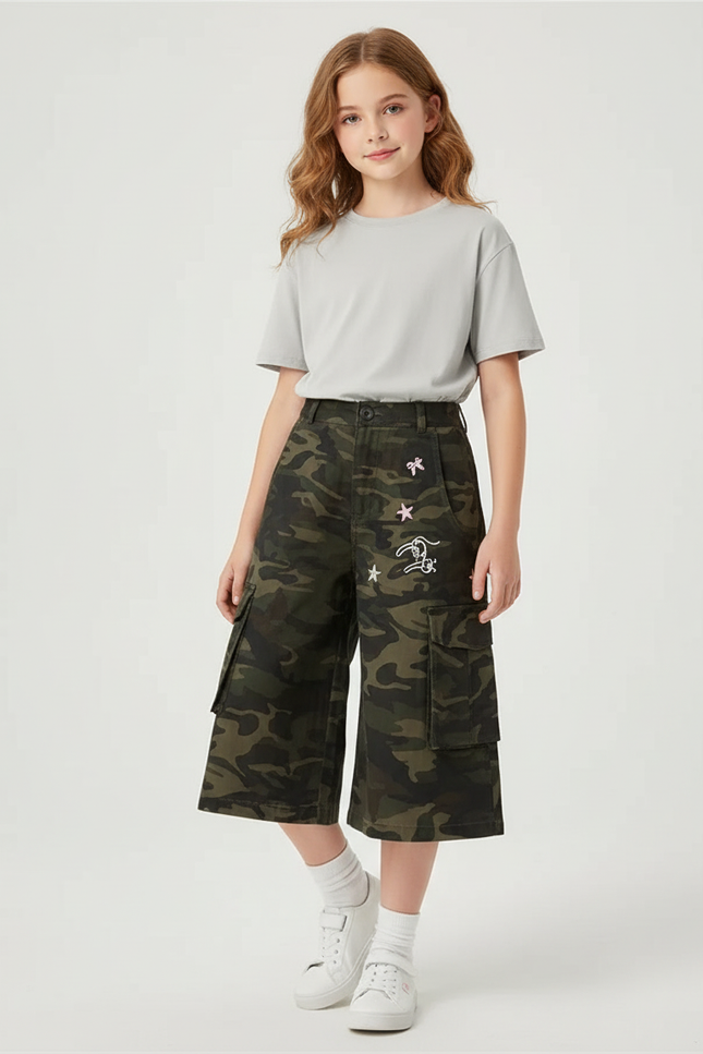 Pantalon Cargo Camouflage Ample Brodé Fille Décontracté - Kaki Toile