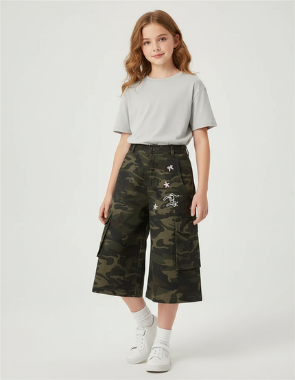 Pantalon Cargo Camouflage Ample Brodé Fille Décontracté - Kaki Toile