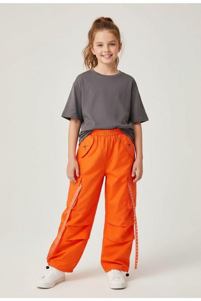Pantalon Cargo Orange Ample Enfant Poches Latérales - Coton