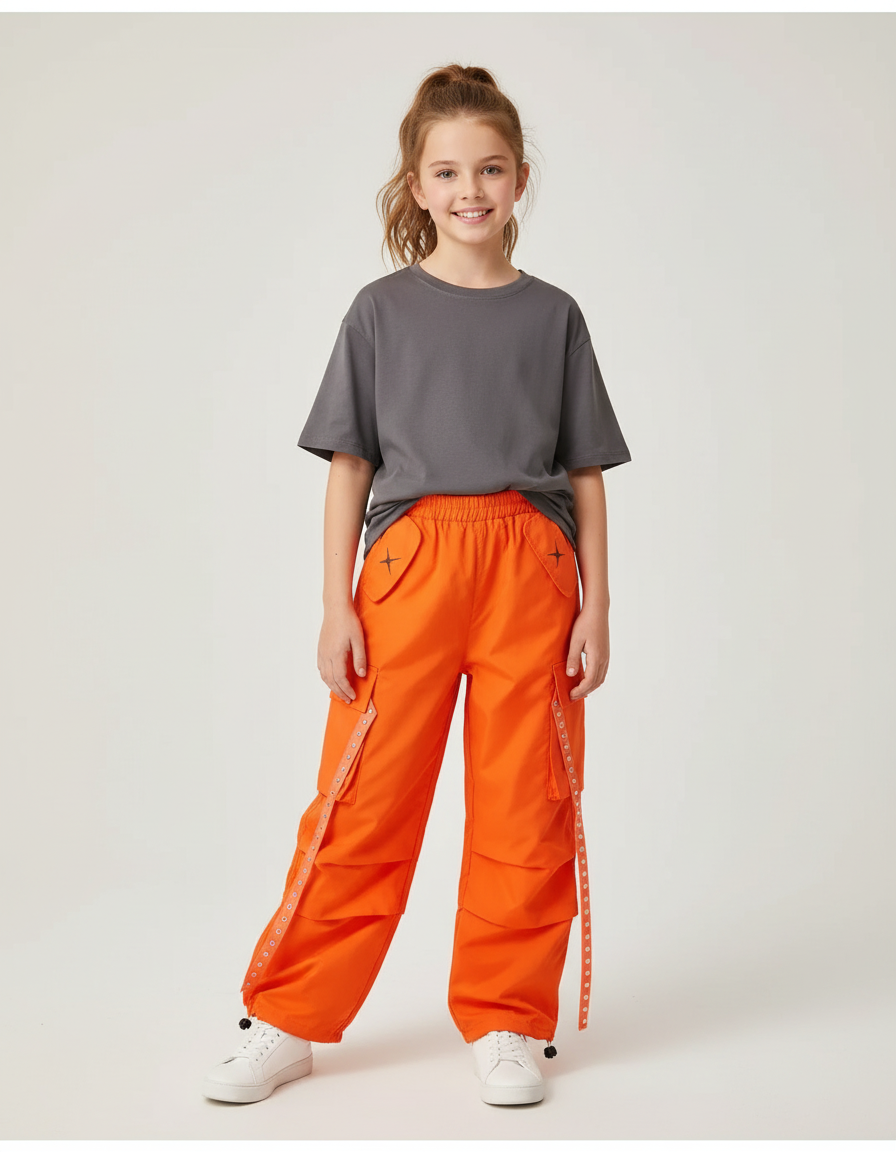 Pantalon Cargo Orange Ample Enfant Poches Latérales - Coton