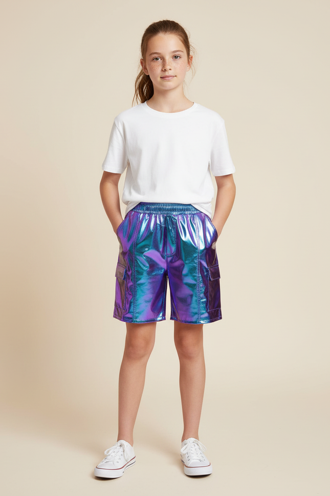 Pantalon Cargo Métallique Holographique Brillant Fille - Multicolore Polyester