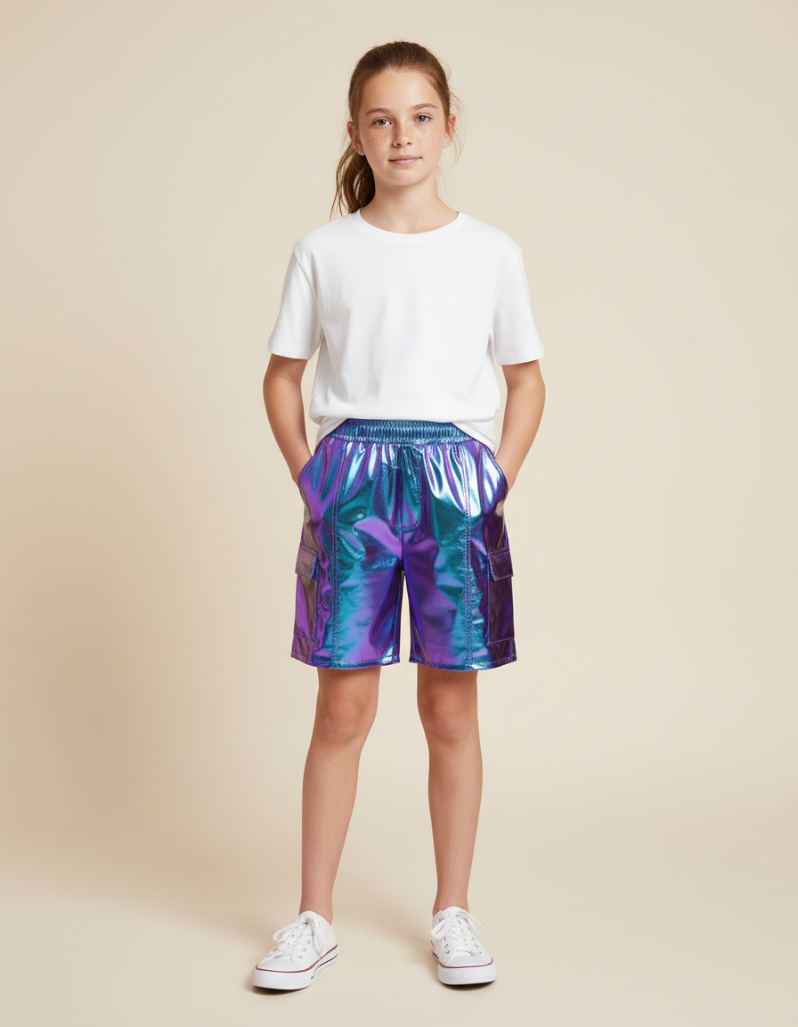 Pantalon Cargo Métallique Holographique Brillant Fille - Multicolore Polyester