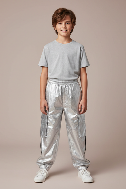 Pantalon Cargo Argenté Brillant Enfant Streetwear Hip Hop - Simili cuir