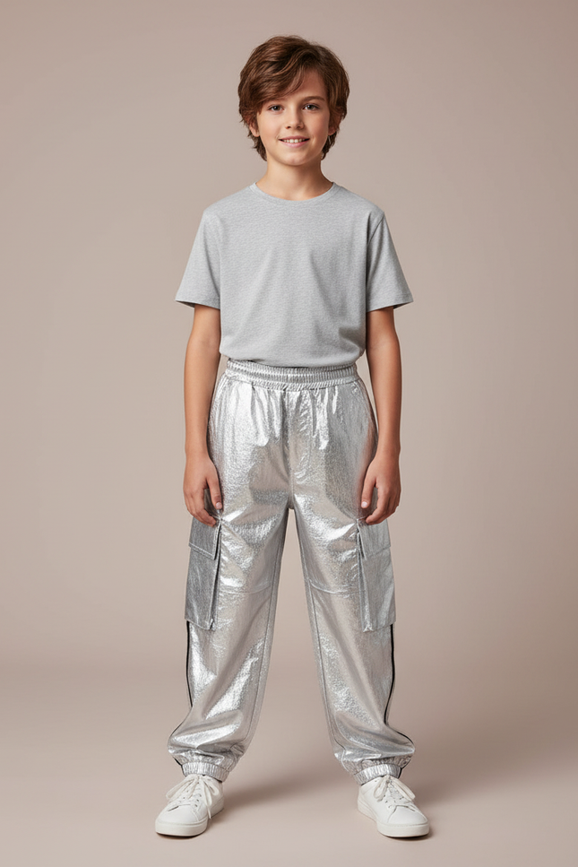 Pantalon Cargo Argenté Brillant Enfant Streetwear Hip Hop - Simili cuir