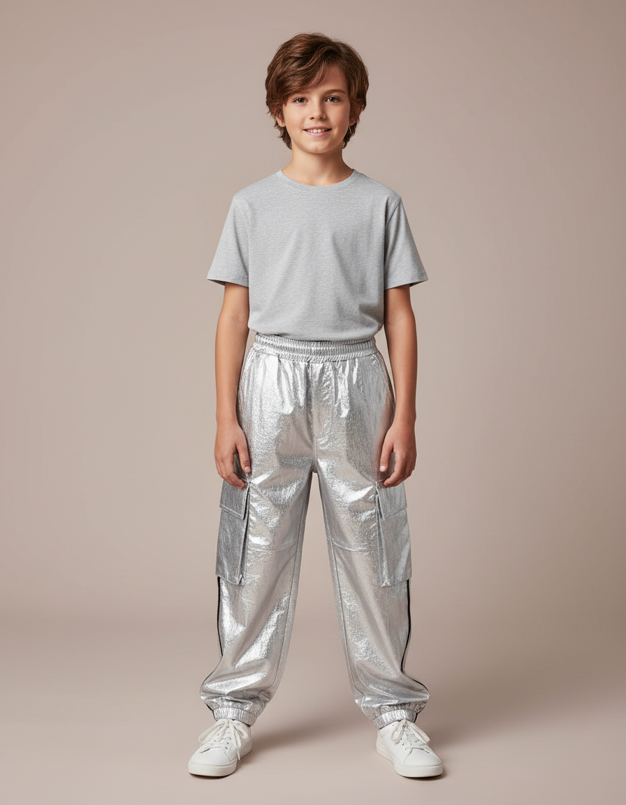 Pantalon Cargo Argenté Brillant Enfant Streetwear Hip Hop - Simili cuir