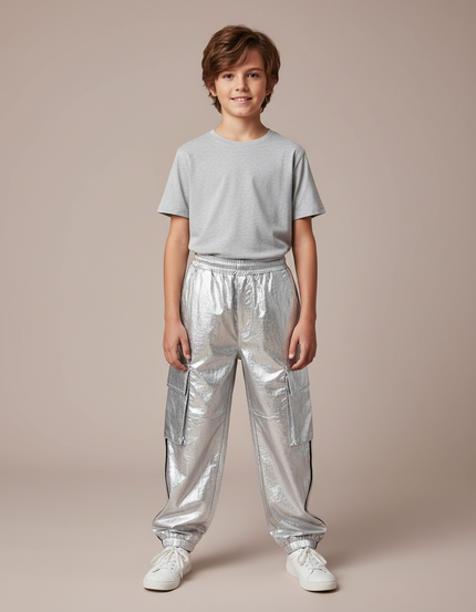 Pantalon Cargo Argenté Brillant Enfant Streetwear Hip Hop - Simili cuir