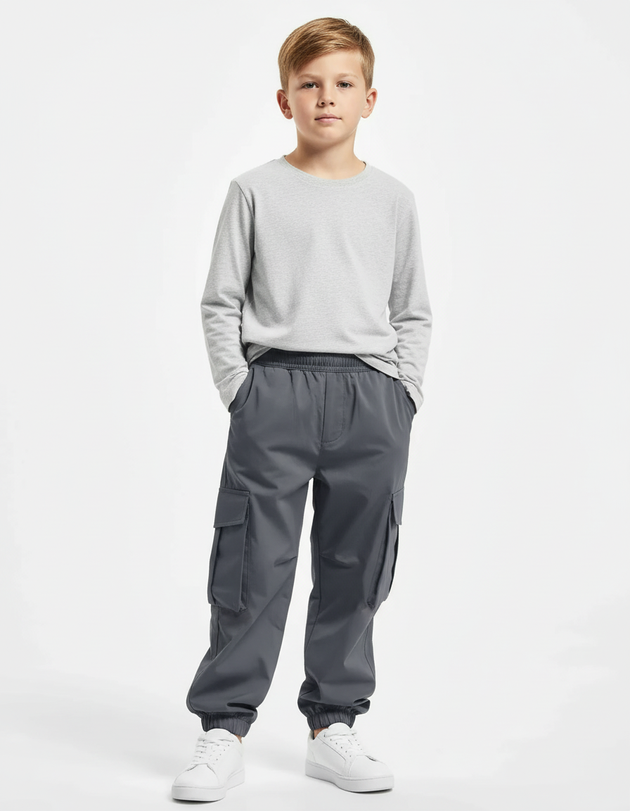 Pantalon Cargo Gris Imperméable Multipoches Garçon - Polyester