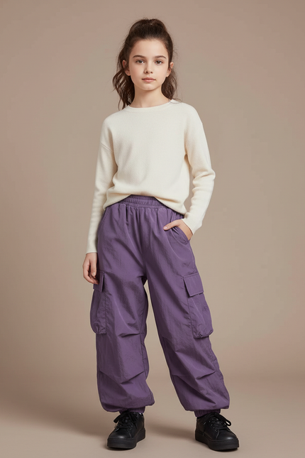 Pantalon Cargo Violet Ample Multipoches Fille - Polyester