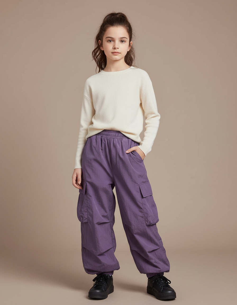 Pantalon Cargo Violet Ample Multipoches Fille - Polyester