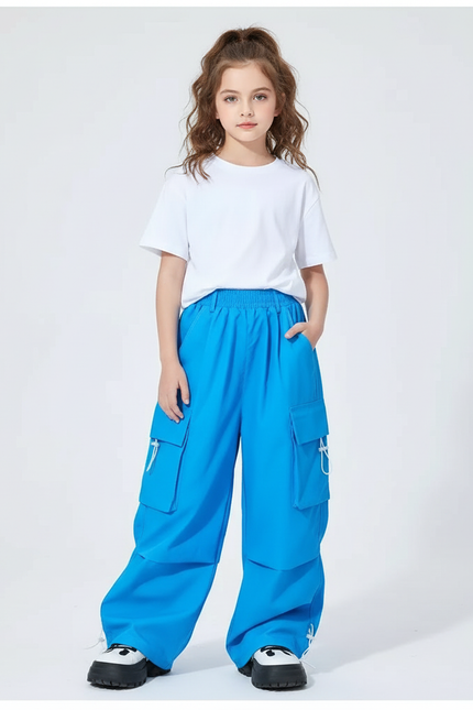 Pantalon Cargo Bleu Ample Enfants Streetwear Poches - Polyester