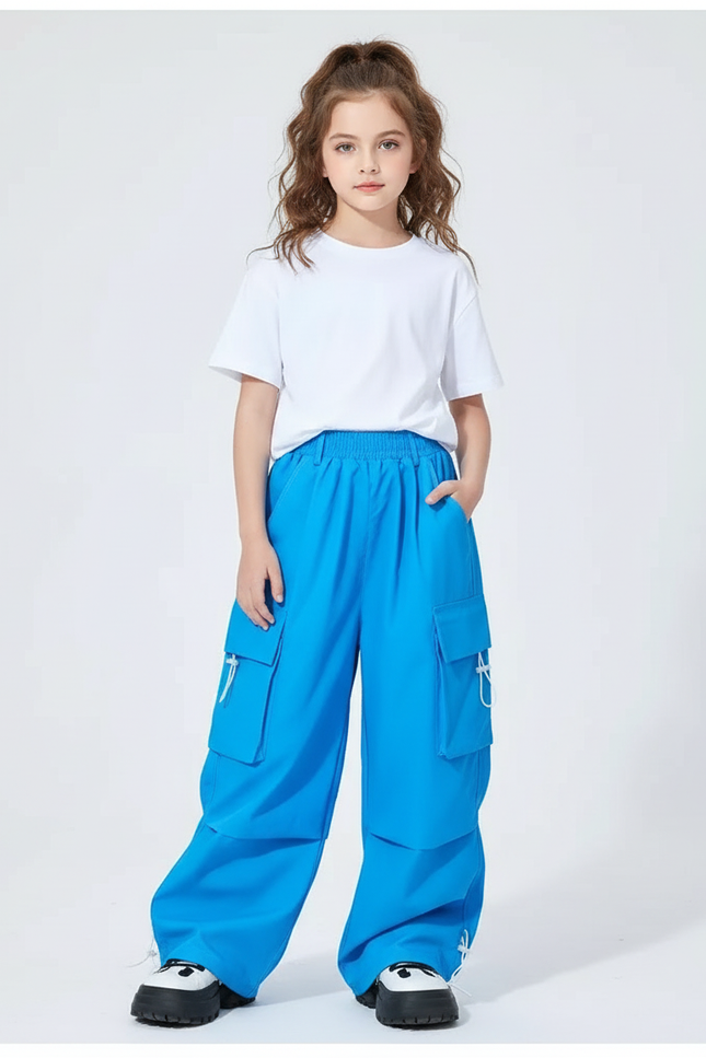 Pantalon Cargo Bleu Ample Enfants Streetwear Poches - Polyester