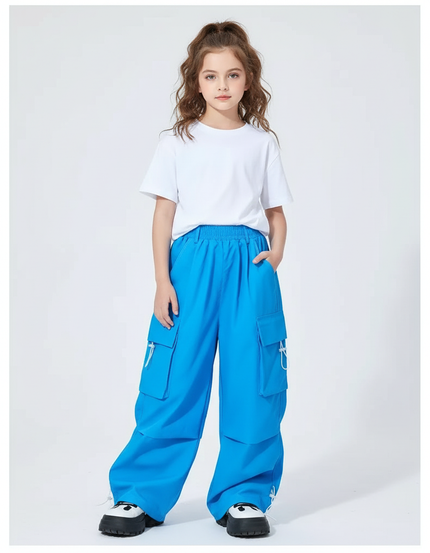 Pantalon Cargo Bleu Ample Enfants Streetwear Poches - Polyester