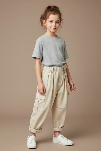 Pantalon Cargo Beige Ample Coton Enfant Décontracté
