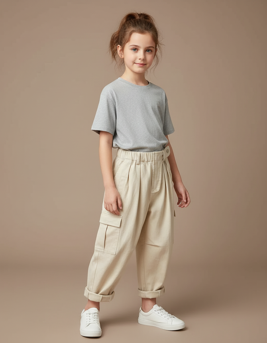 Pantalon Cargo Beige Ample Coton Enfant Décontracté