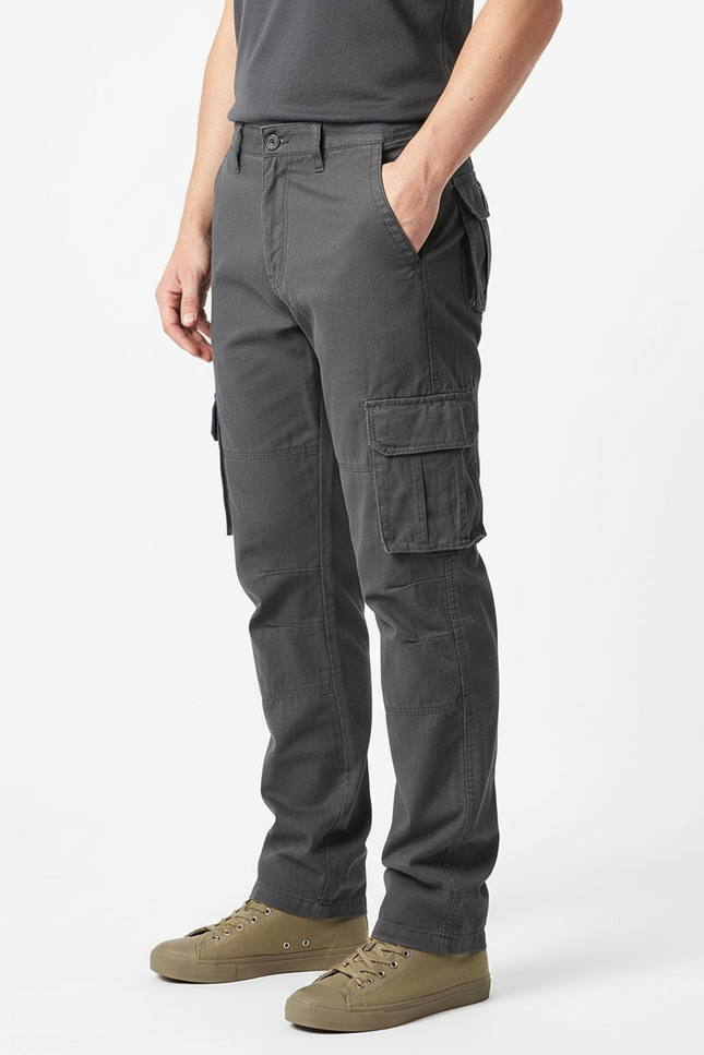 Pantalon Cargo Gris Coton Droit Multipoches Décontracté Homme
