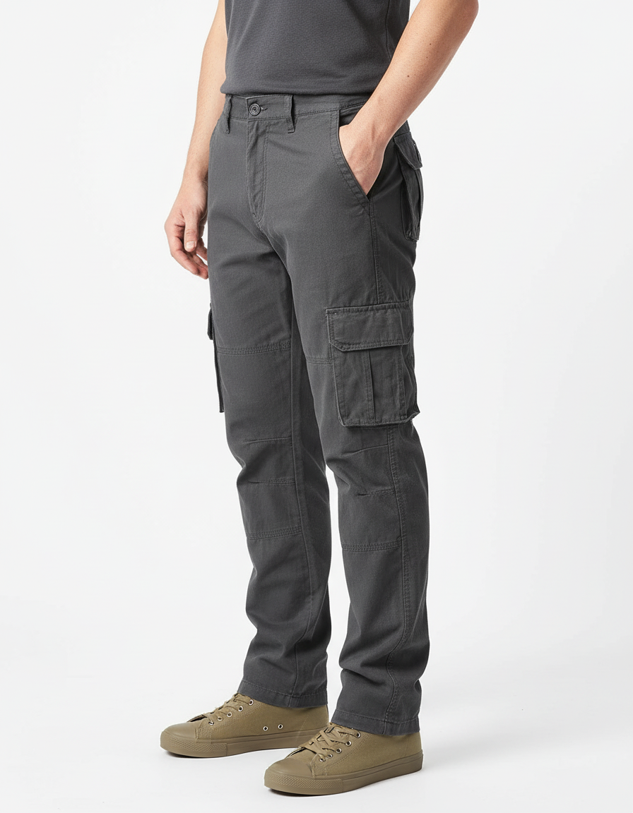 Pantalon Cargo Gris Coton Droit Multipoches Décontracté Homme