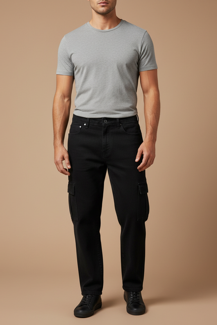 Pantalon Cargo Noir Ample Multipoches Denim Homme - Jean