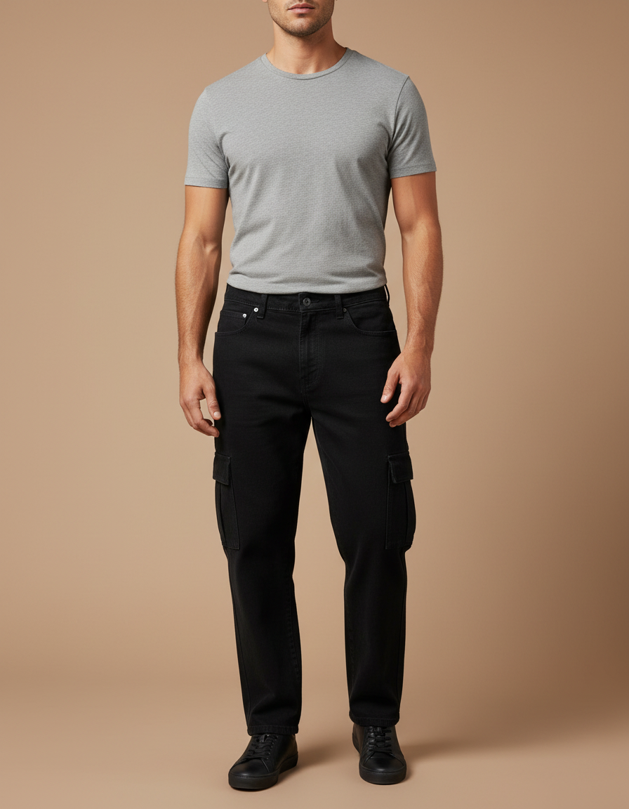 Pantalon Cargo Noir Ample Multipoches Denim Homme - Jean