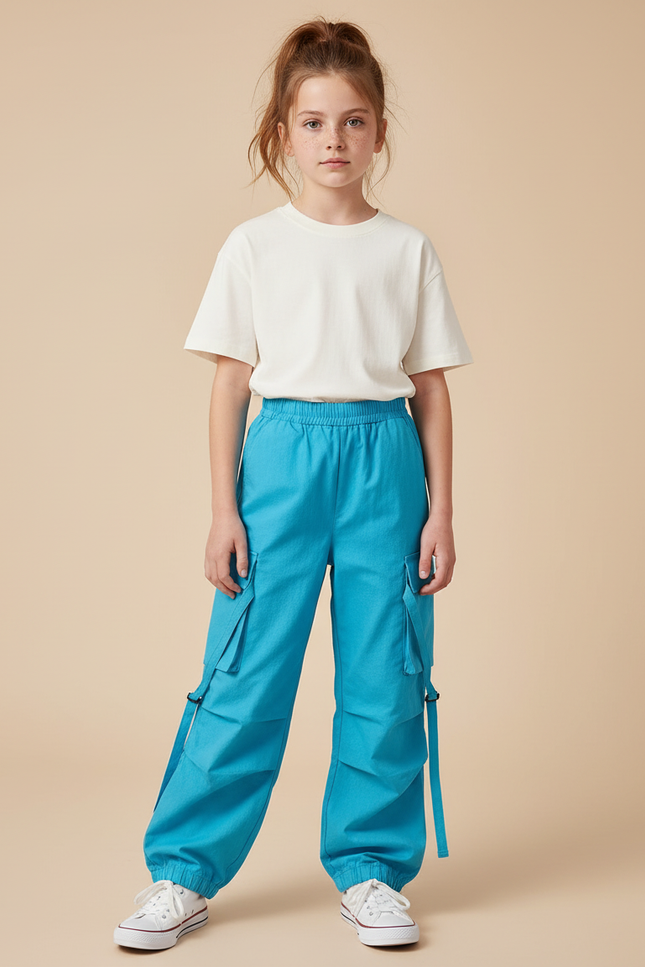 Pantalon Cargo Bleu Ample Coton Sangles Enfants