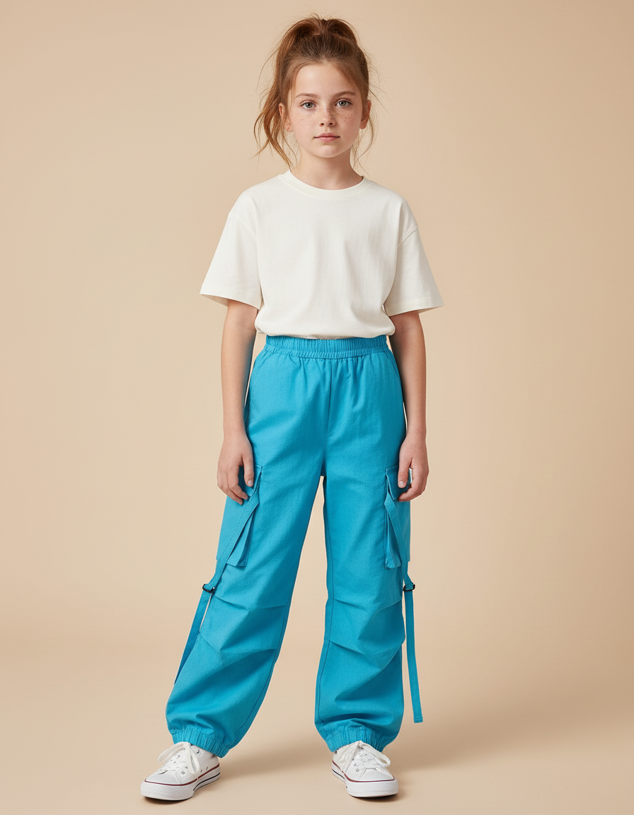 Pantalon Cargo Bleu Ample Coton Sangles Enfants
