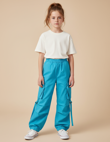 Pantalon Cargo Bleu Ample Coton Sangles Enfants