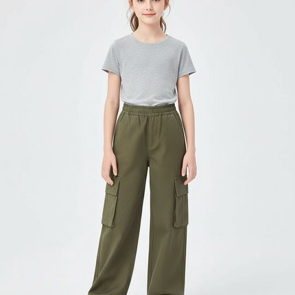 Pantalon Cargo Vert Ample Décontracté Enfant - Kaki Toile