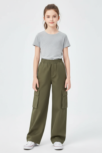 Pantalon Cargo Vert Ample Décontracté Enfant - Kaki Toile