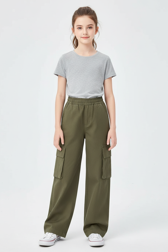 Pantalon Cargo Vert Ample Décontracté Enfant - Kaki Toile
