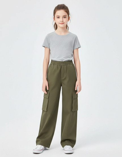 Pantalon Cargo Vert Ample Décontracté Enfant - Kaki Toile