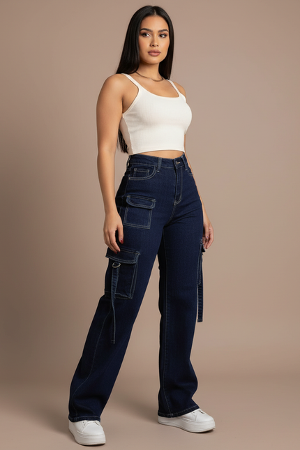 Pantalon Cargo Denim Bleu Taille Haute Ample Femme - Marine Jean