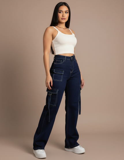 Pantalon Cargo Denim Bleu Taille Haute Ample Femme - Marine Jean