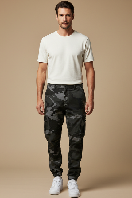 Pantalon Cargo Camouflage Gris Noir Homme Jogger - Imprimé Gabardine